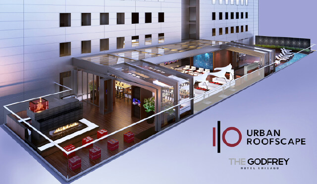 A rendering of I|O Urban Roofscape featuring an outdoor fire pit.