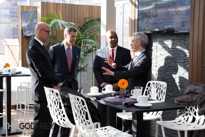 Sophisticated table settings greet Mayor Emanuel and attendees of the ribbon cutting ceremony for The Godfrey Hotel Chicago.